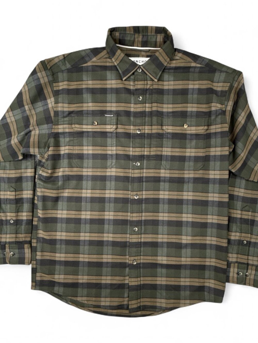 Poncho Men's Plaid Flannel Shirt M Green Black Tan Long Sleeve Button